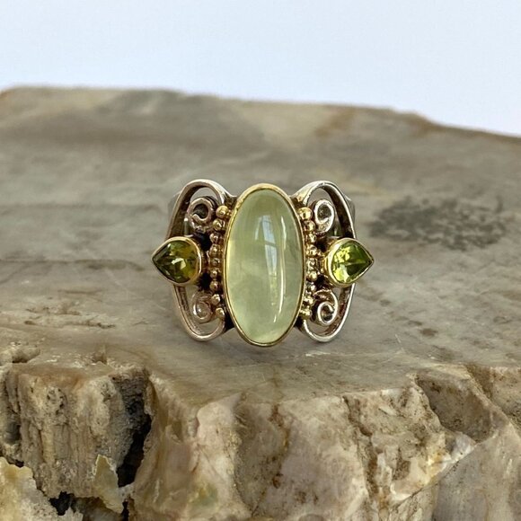 Michou Sterling Silver 925 Vermeil Oval Prehnite Peridot Scrollwork Ring Sz 6.25 - Picture 12 of 16